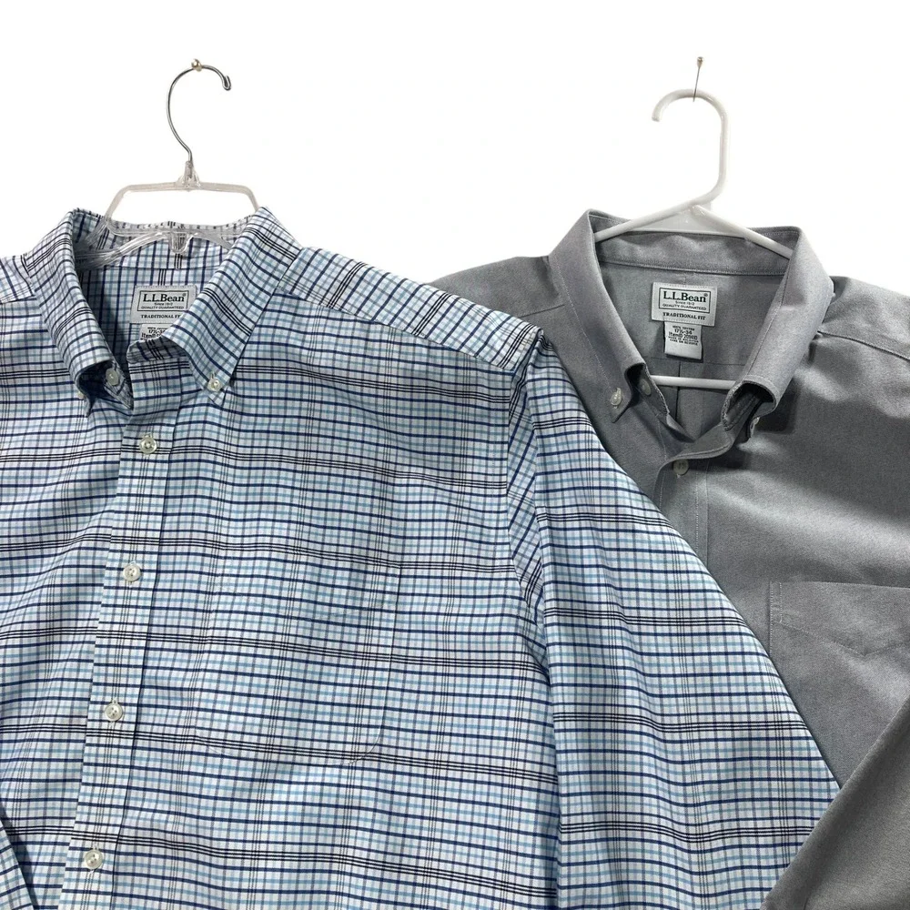 Lot 2 LL Bean Mens Traditional Fit Button‎ Down Shirt  Blue Plaid Gray 17.5 x 34